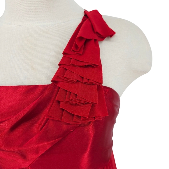 Jessica McClintock Bubble Dress Red One Shoulder Ruffle Satin Knit 10 - Picture 5 of 11